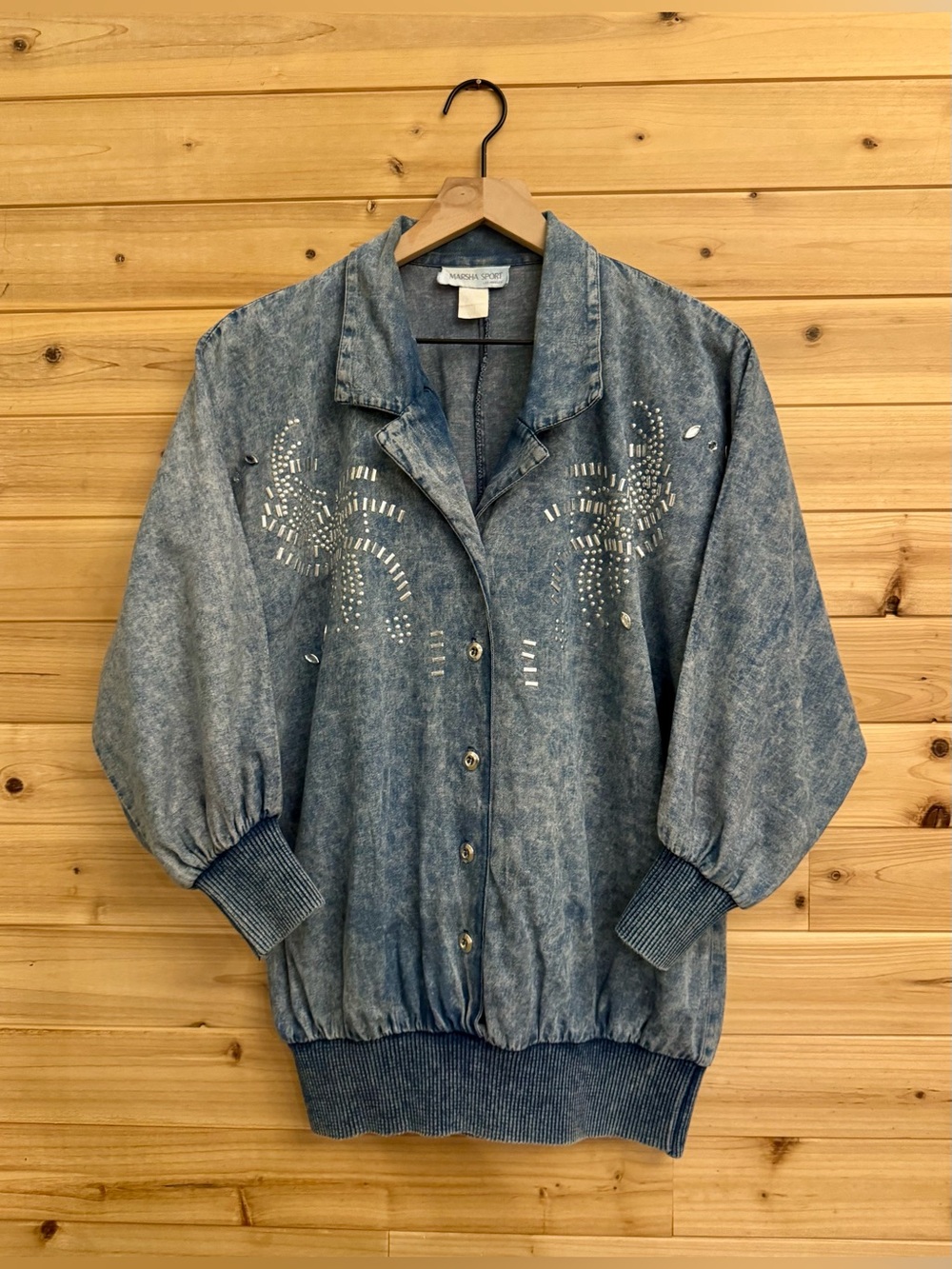 Vintage Marsha Sport Medium Acid Wash Denim Bedazzled Zip Front Jacket Retro 80